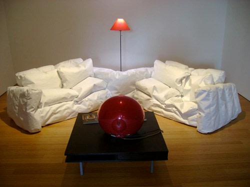 Installation of white blow up couch/living room set