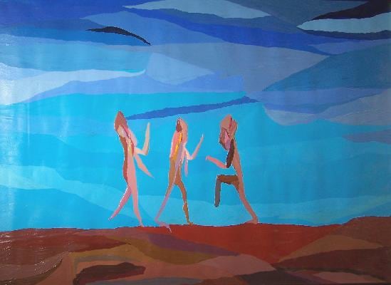 Painting of three figures on beach