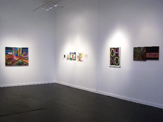 Installation view of abstract works and OH NO painting