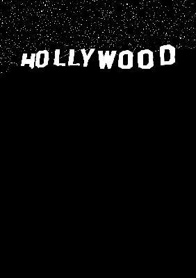 black and white poster of Hollywood sign with starry sky