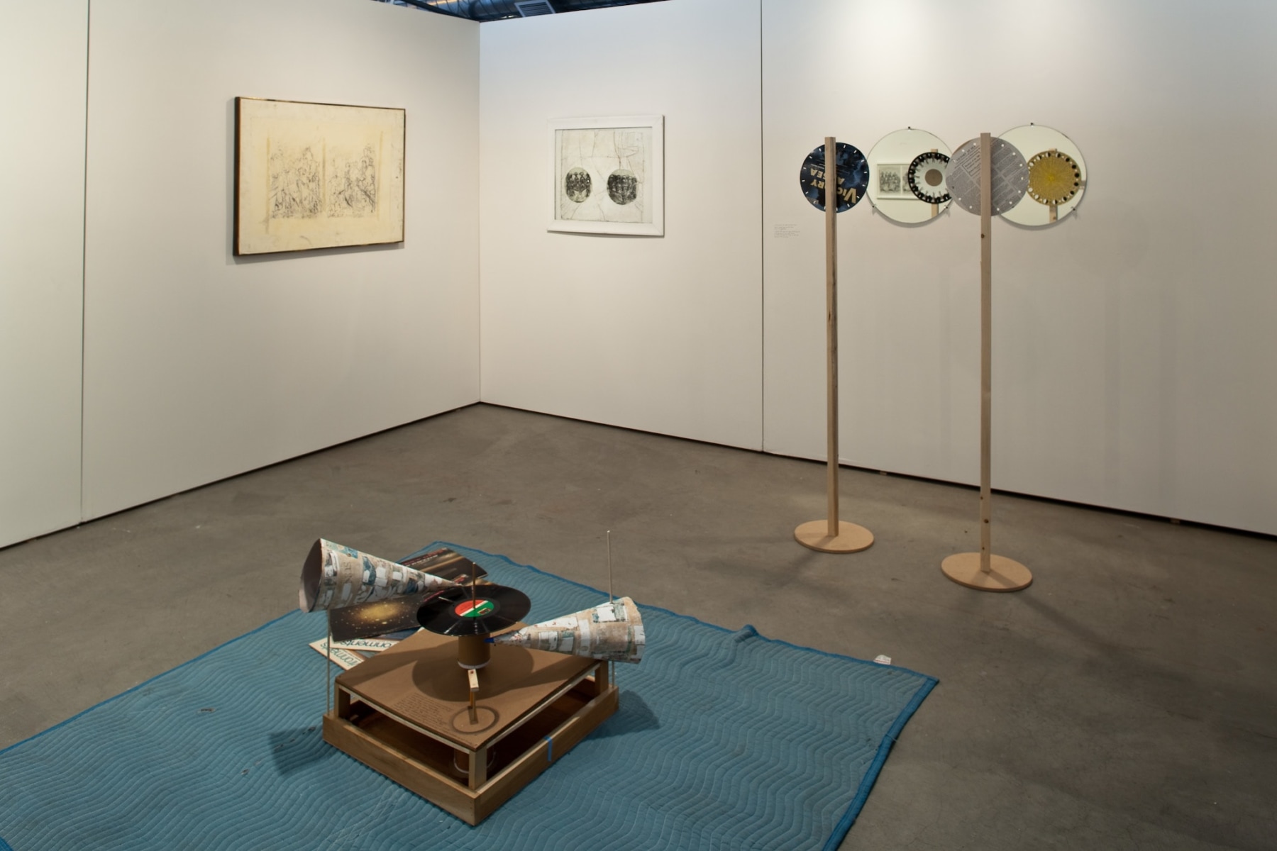 Homemade record player on gallery floor