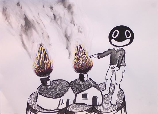 Ink on paper, man pointing towards homes on fire