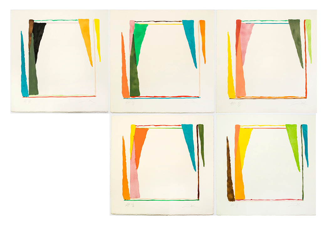 Larry Zox Untitled (Pochoir I-V), 1975 Suite of five color stencil prints, printed with water-colors and gouache 23 1&frasl;8 x 22 inches each Edition of 20