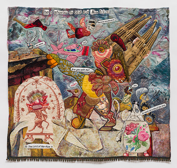 China Marks Tomorrow the World, 2017 Fabric, thread, screen-printing Ink, brass trim, plastic ring, cast plastic daemon&rsquo;s head, coated wire, lace, Jade glue, fusible adhesive on a contemporary tapestry copy of a Cezanne still-life of a basket on a table, also integrating part of a tapestry copy of Gaudi&rsquo;s La Familia