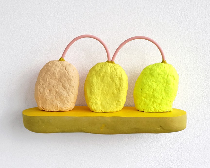 chiaozza Three Nuggets, 2017 Acrylic and rubber on paper pulp and pigmented concrete 4 x 6 &frac12; x 2 in. / 10.2 x 16.5 x 5.1 cm.