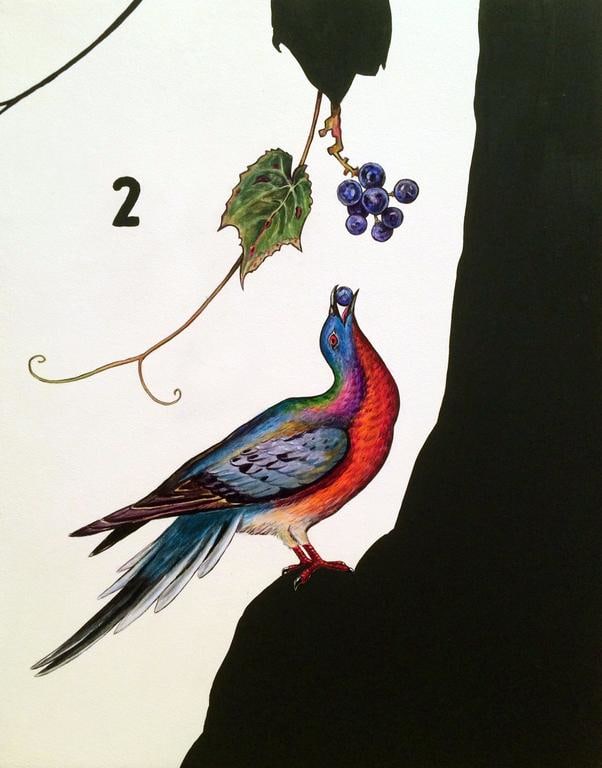 Passenger Pigeon and Wild Grapes, 2014, Oil and Acrylic on Panel, 24 x 19 inches