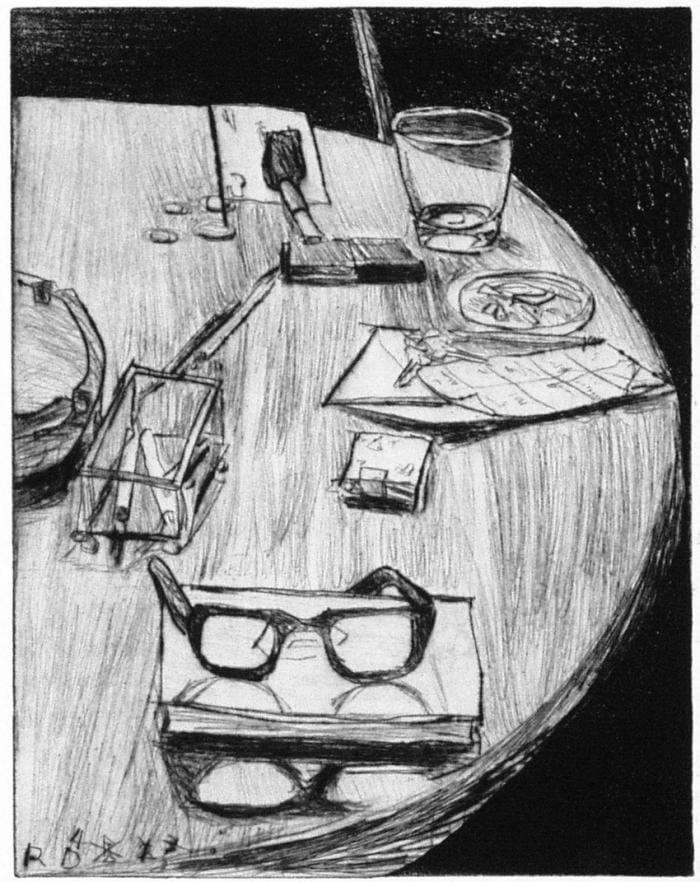 Richard Diebenkorn, #26 (table still life with ashtray and numbers) from 41 Etchings Drypoints, 1964,&nbsp;Aquatint with drypoint and hard ground etching