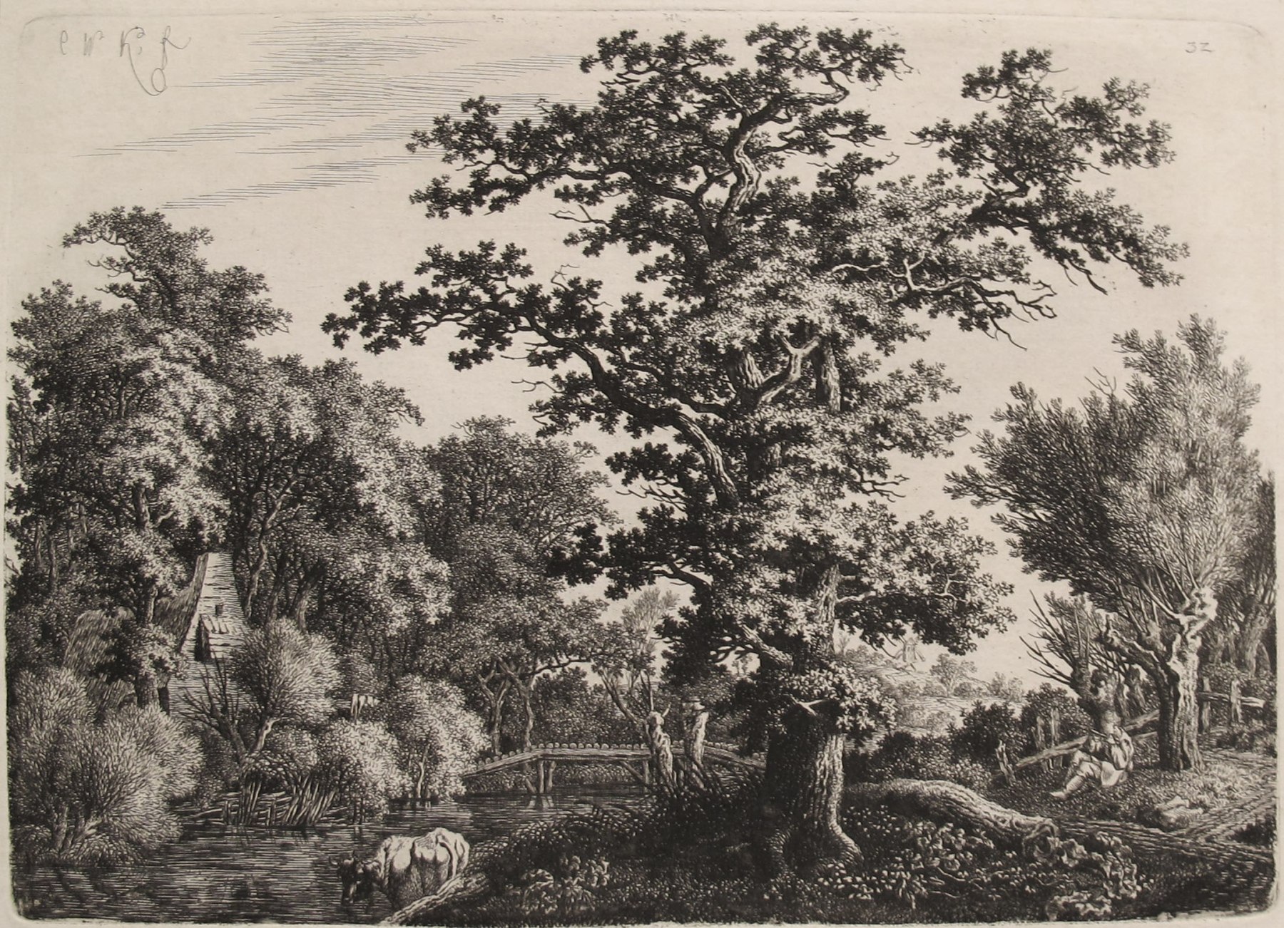 Landscape with an Oaktree alongside a River, a Shepard playing a Flute to the Right  Etching
