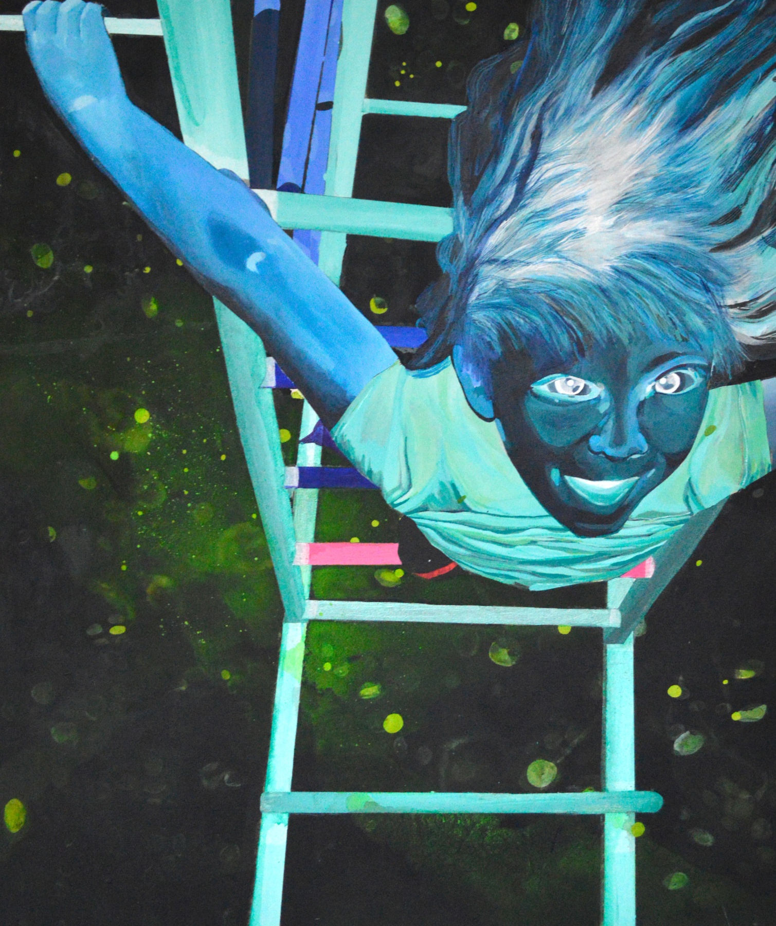Painting of a kid hanging off a jungle gym in inverted green and blue colors