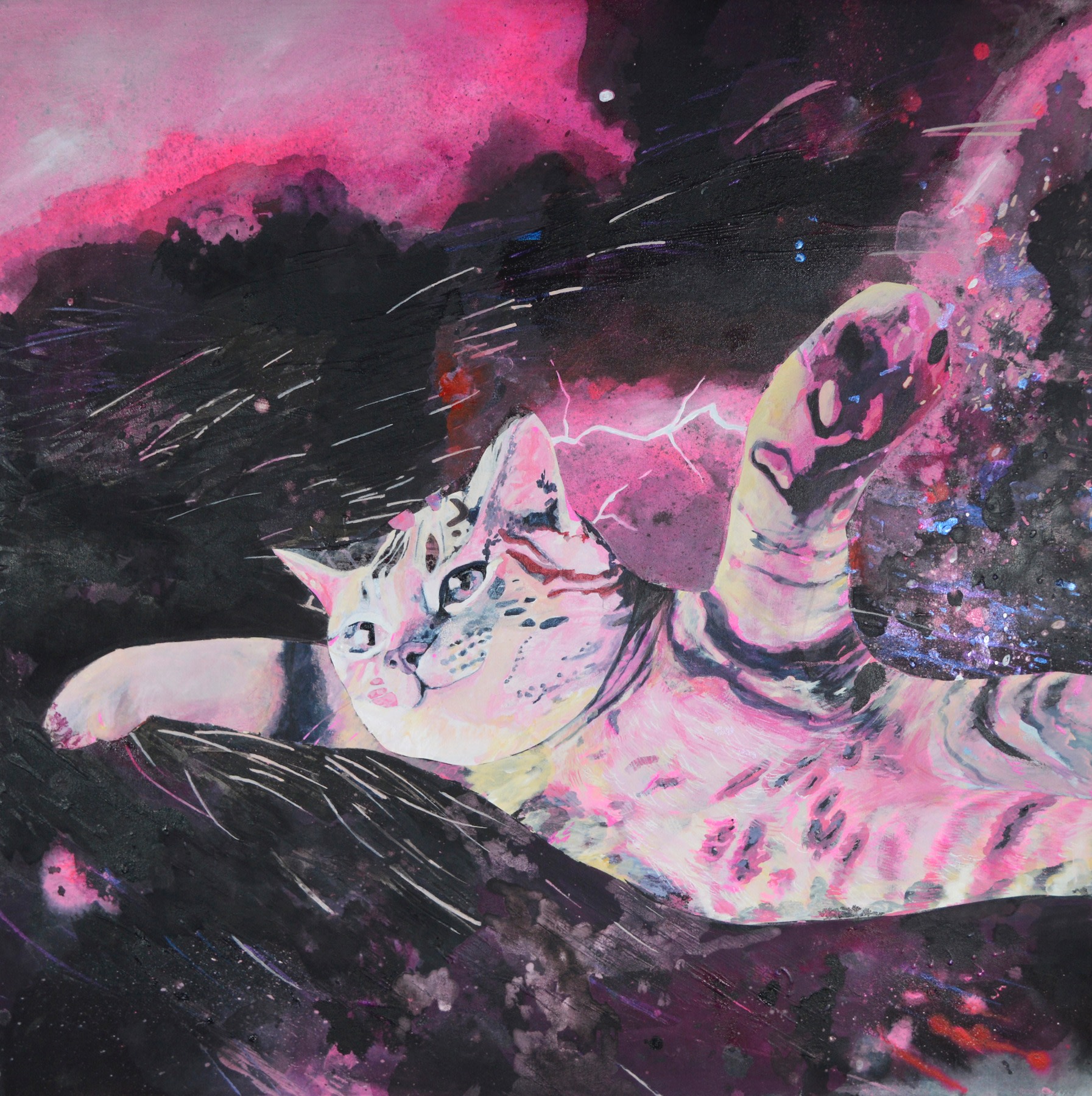 An acrylic painting of a cat in purple and pink hues gracefully flying with a backdrop of lightning in the sky.