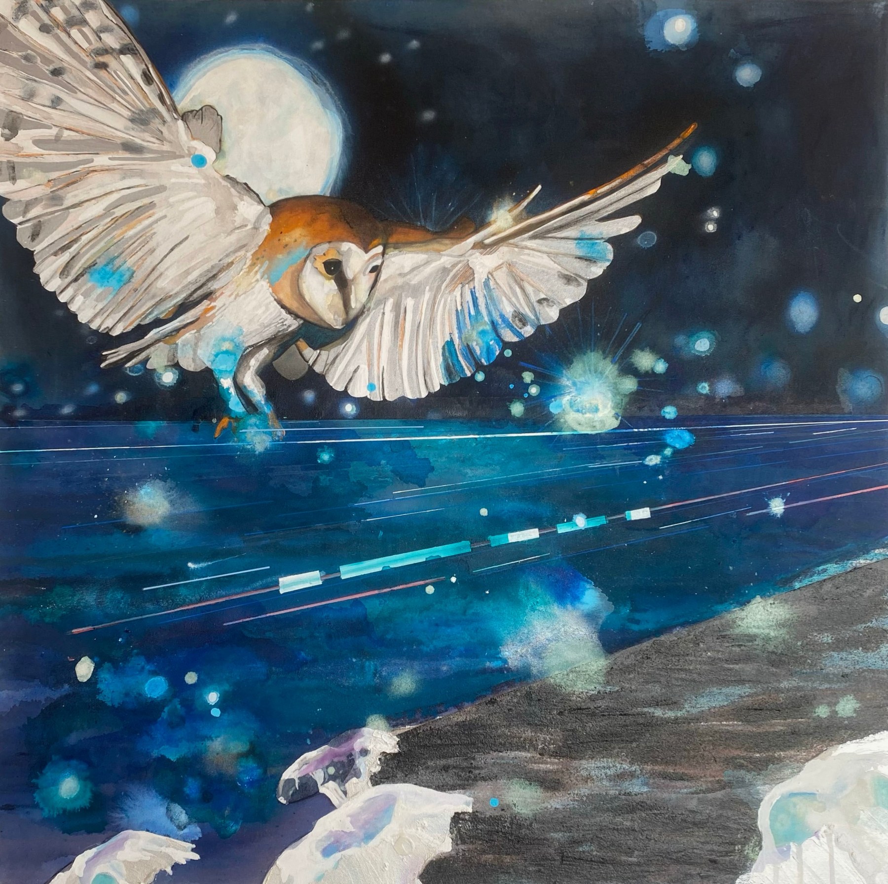 A painting by artist Jenny Day of an owl in flight over a cosmic landscape with celestial elements and the moon in the background.