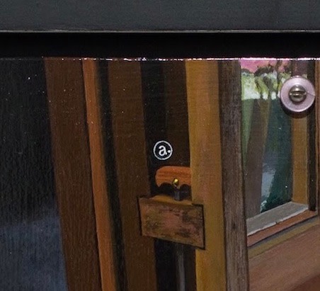 detail, Tony May,&amp;nbsp;A View Showing the Draw-Pin Latch (a) and Hinged Door Panel (b), 2018. Acrylic on panel in artist-made frame, 10 x 11 inches.