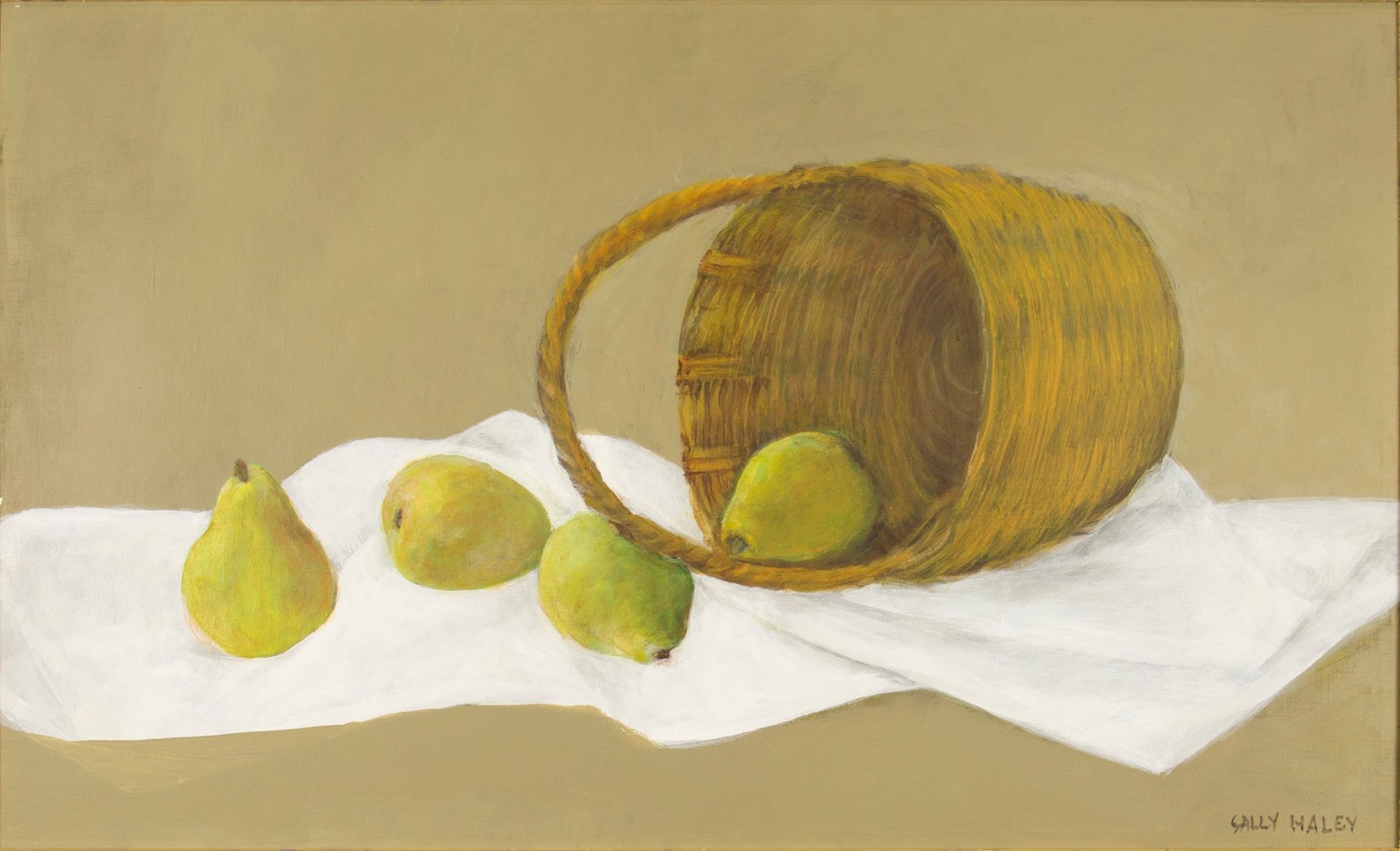 Haley - Four green pears on white cloth