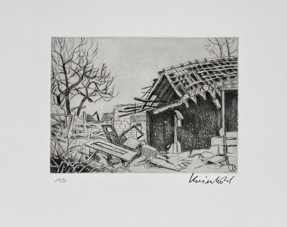 J&uuml;rg Kreienb&uuml;hl La roulotte Maisonnette d&eacute;molie 1995 gravure etching