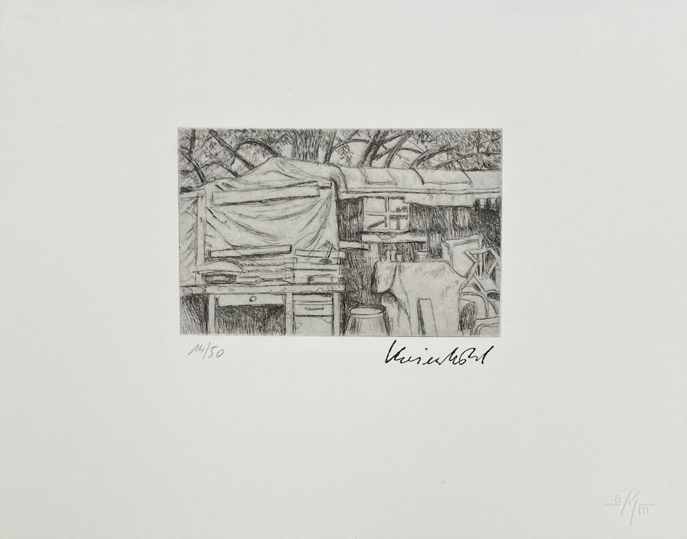 J&uuml;rg Kreienb&uuml;hl Roulotte de Peau de serpent 1978 gravure etching