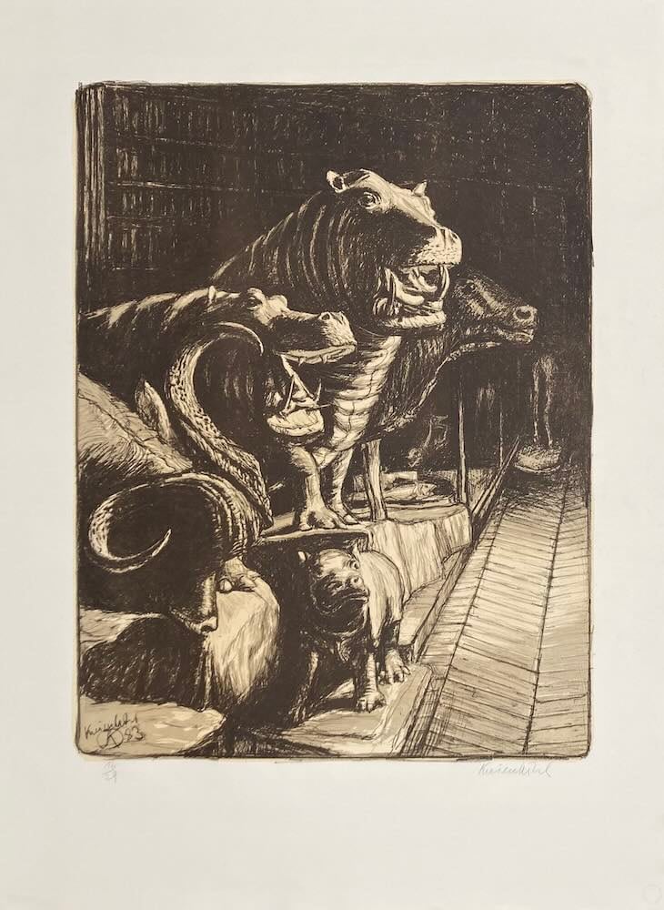 J&uuml;rg Kreienb&uuml;hl Hippopotames 1983 Mus&eacute;um d'histoire naturelle lithograph lithographie