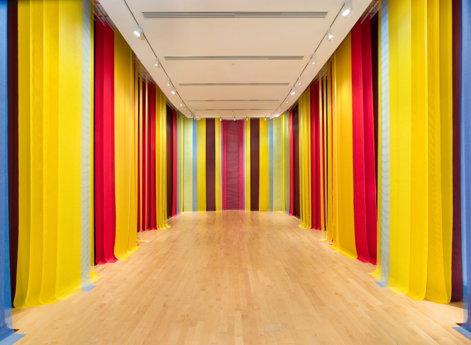 Art gallery installation of multi-colored vertical strips of fabric