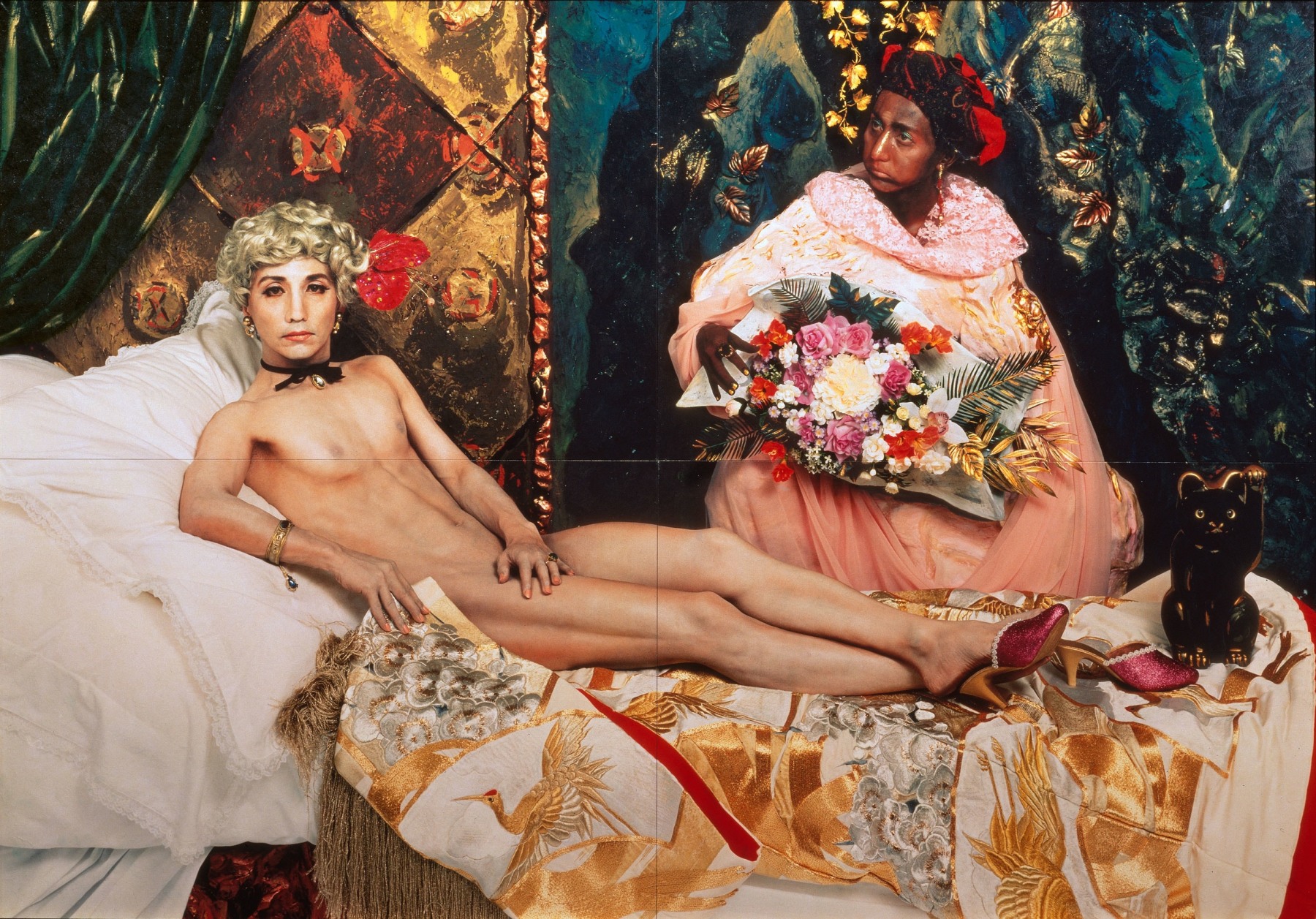 Reimagining of a Manet painting depicting a naked woman on a divan with her maidservant bringing her flowers