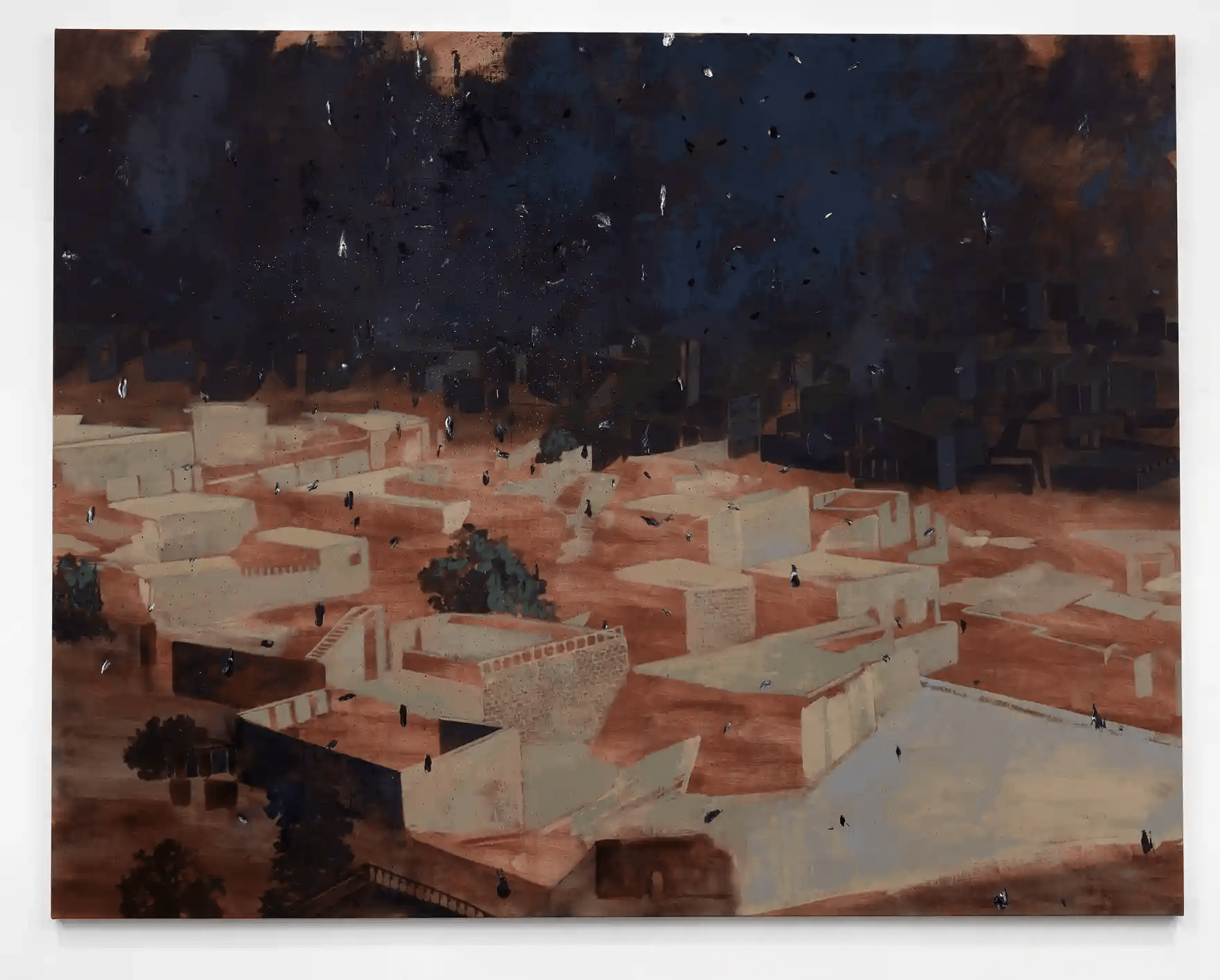 Painting of rooftops at night
