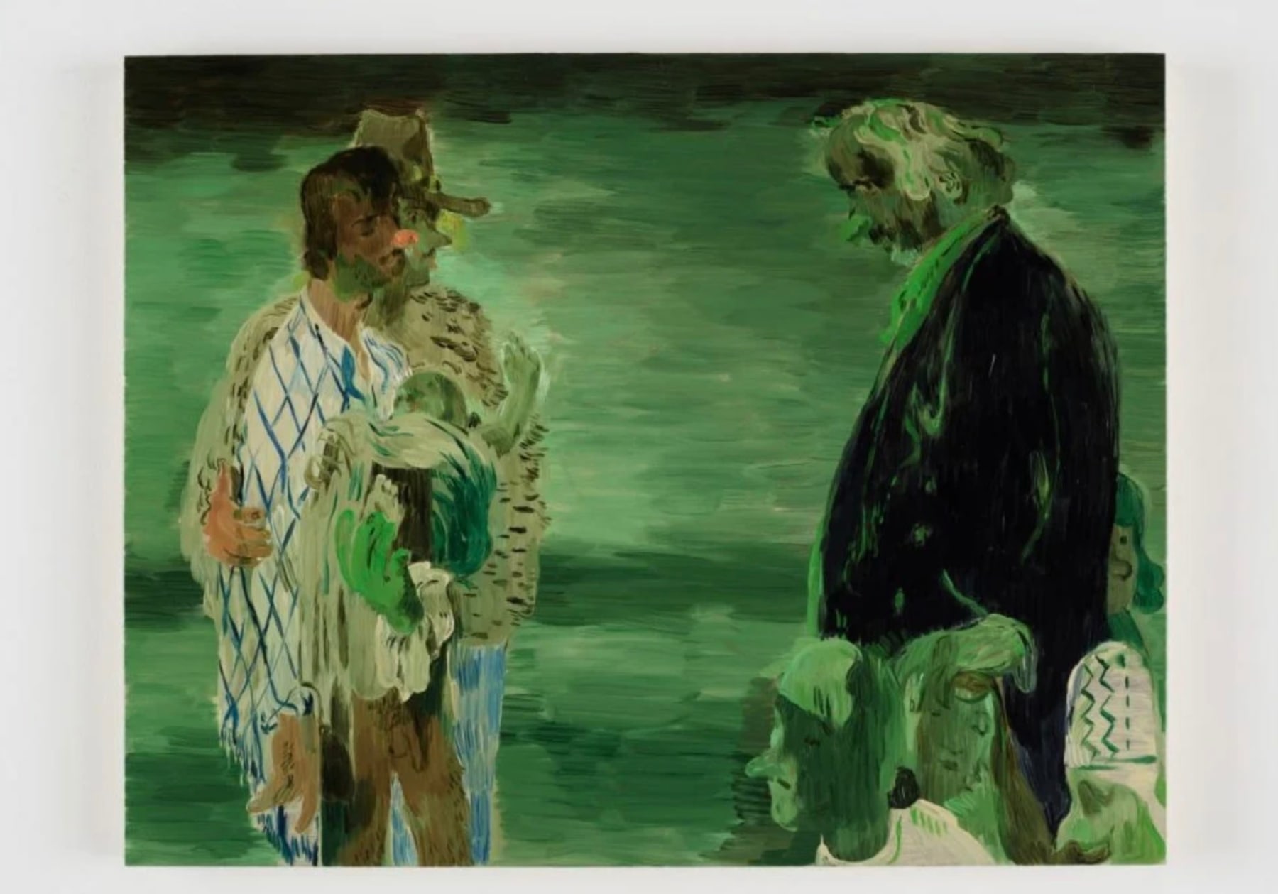 A green painting of 3 figures, one man is holding a baby