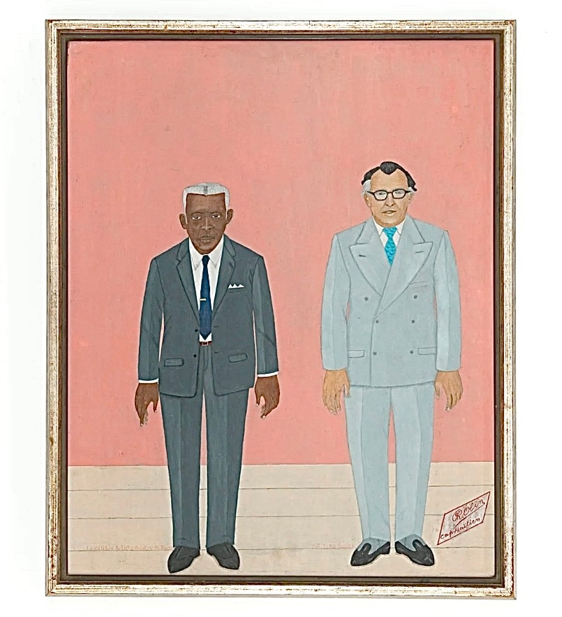 Painting of 2 figures standing in front of a peach color background -- a black man with gray hair in a dark suit, a white mane in a light gray suit