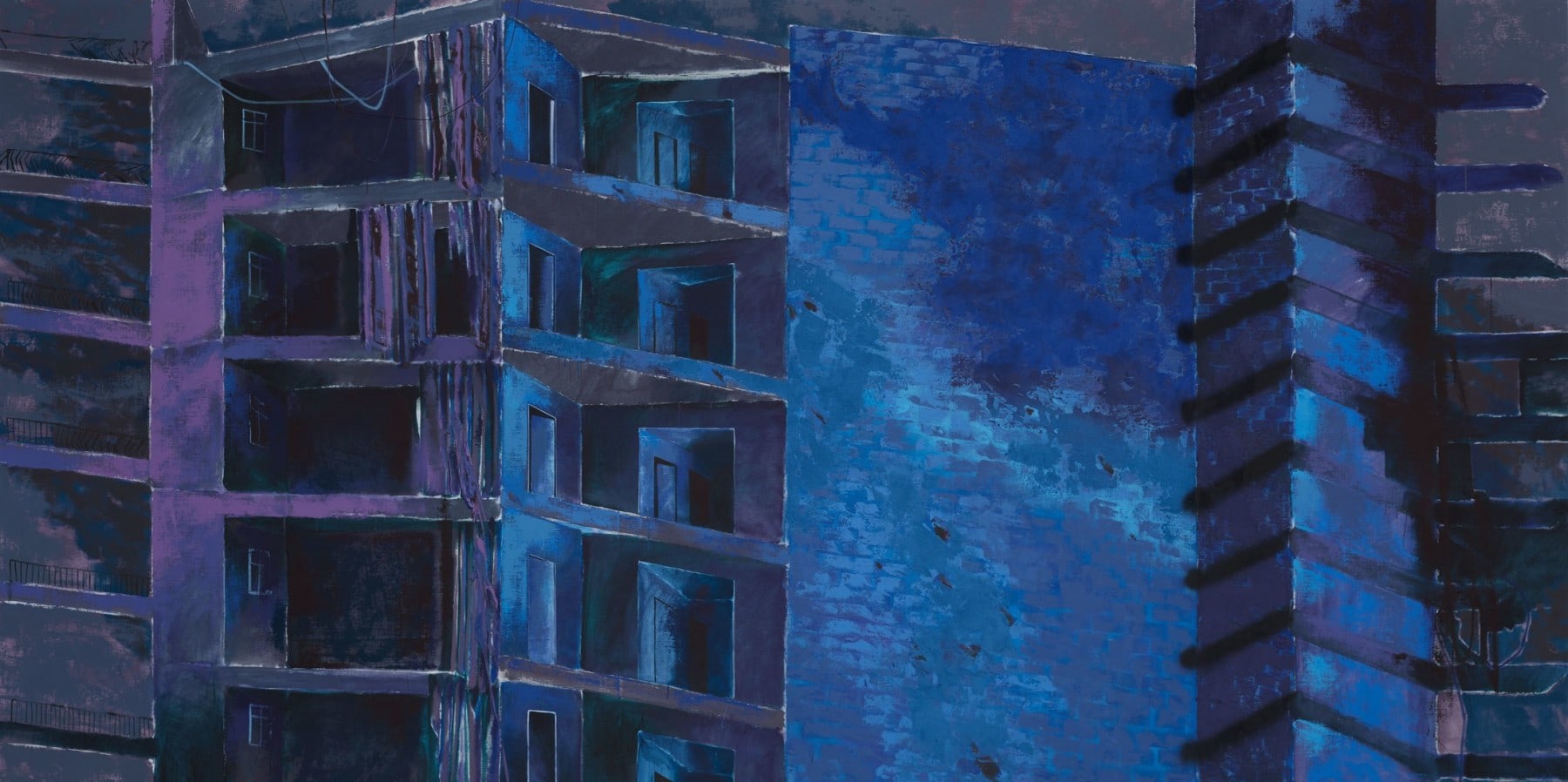Blue and purple painting of a brick building exterior