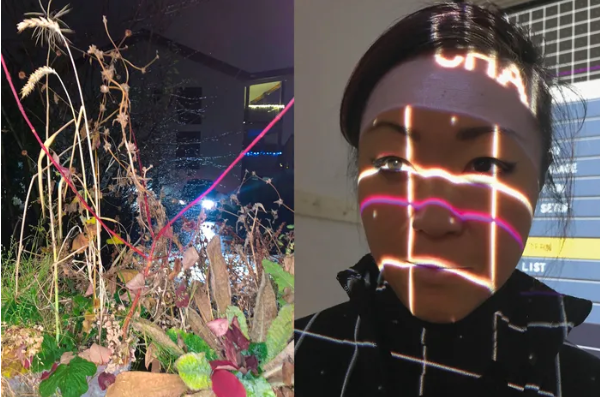 Split screen photo of Rist installation on the left with plants, young woman on the right with light lines cast upon her face