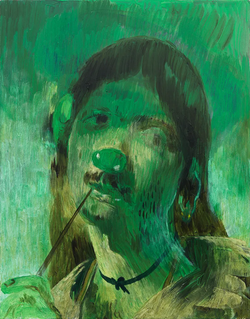 Green portrait painting of a young man wearing a clown nose