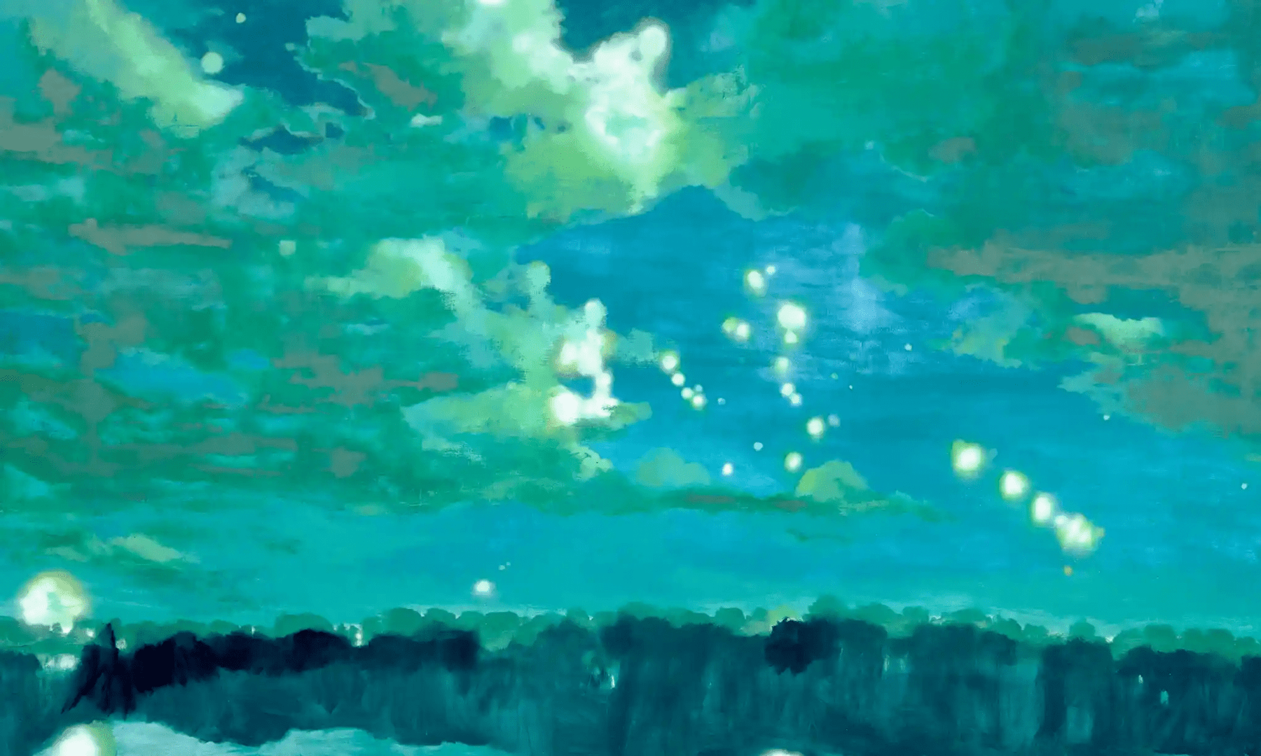 Painting of blue sky with clouds and light from rockets