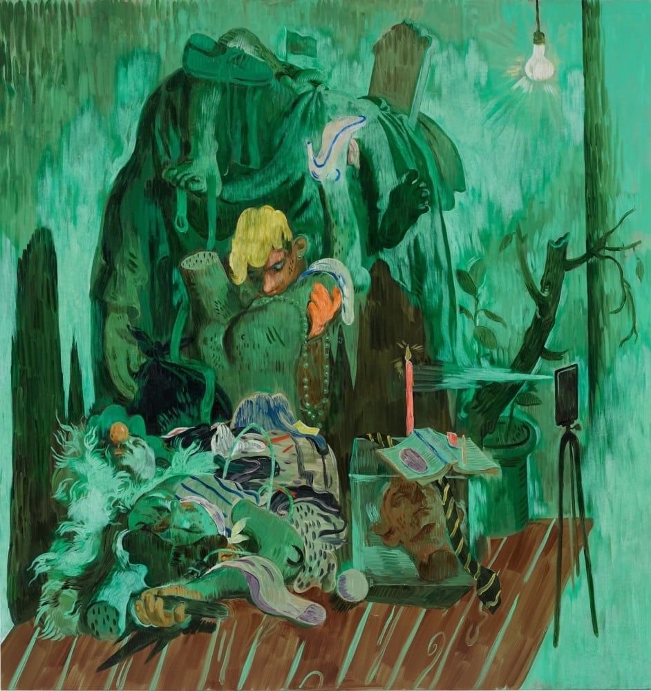 Green painting of objects piled in a studio: mannequin, shoes, sculpture, candle, clothing