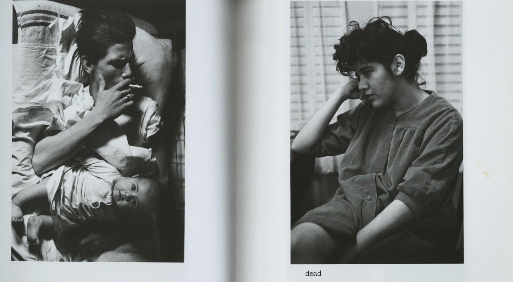 Photo of a book spread with 2 black and white photographs, 1 of a man with a baby, the other of a woman sitting in a chair