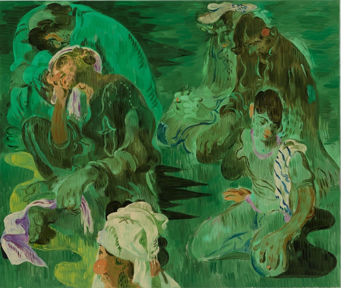 Painting of 6 figures sitting on the ground bathed in green light