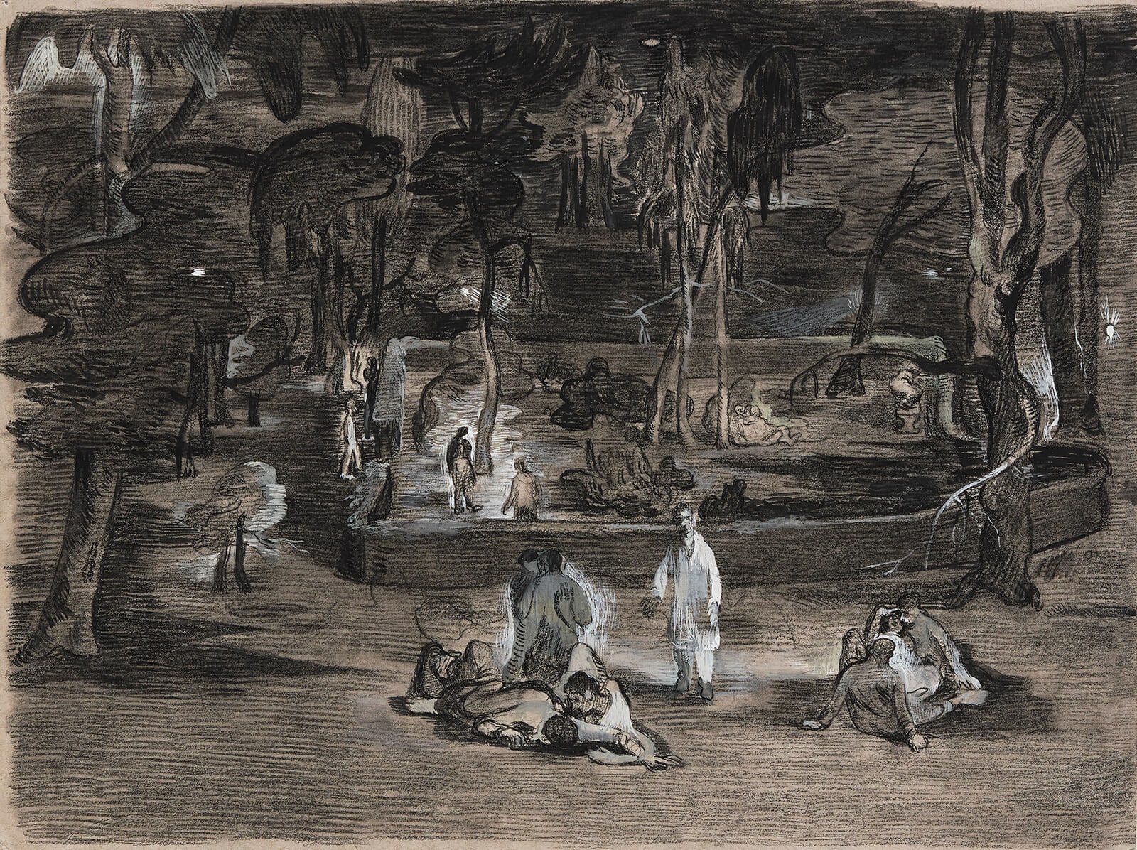 Charcoal and white drawing of an outdoor park scene