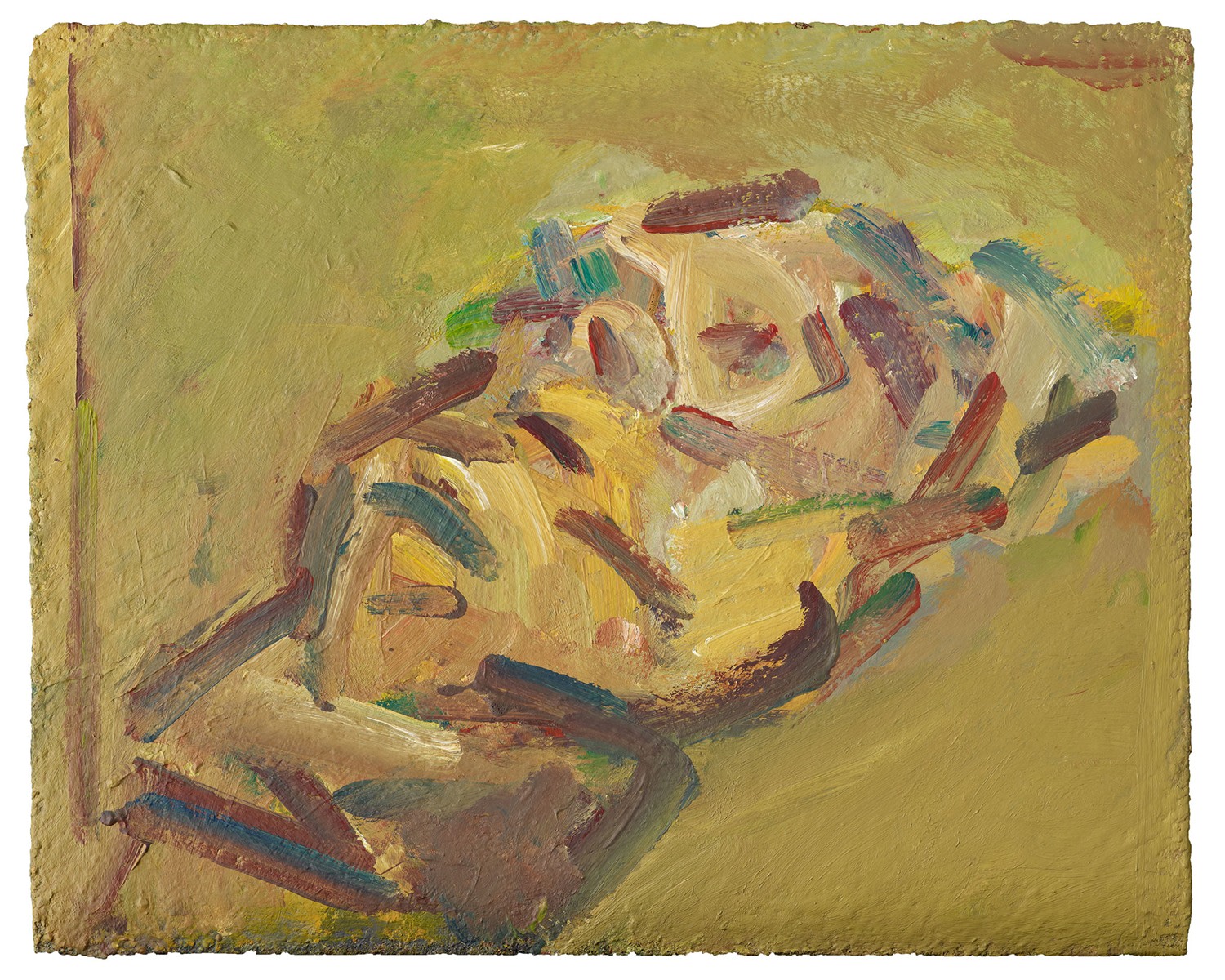 Oil painting of a reclining face on ochre background