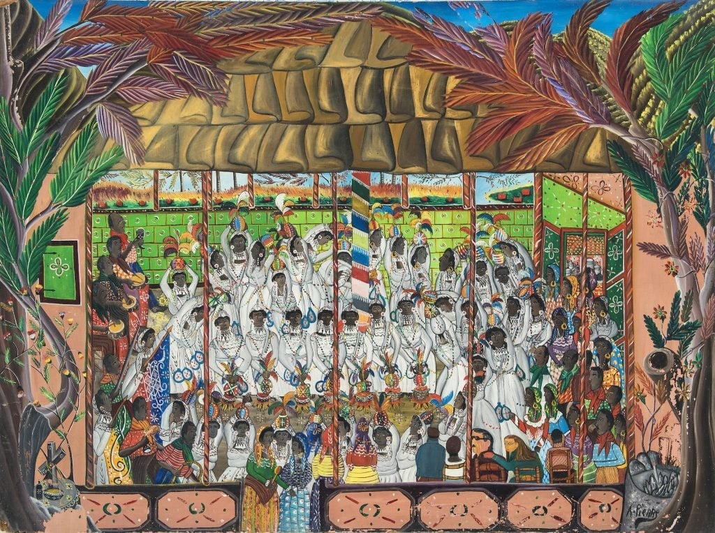 A painting of a Haitian ceremony: many figures dressed in white garments and musicians depicted