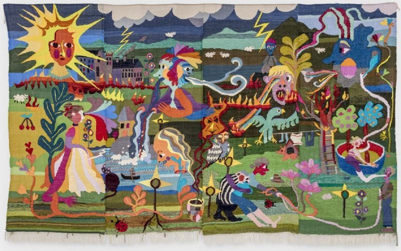 Tapestry depicting people and animals in landscape