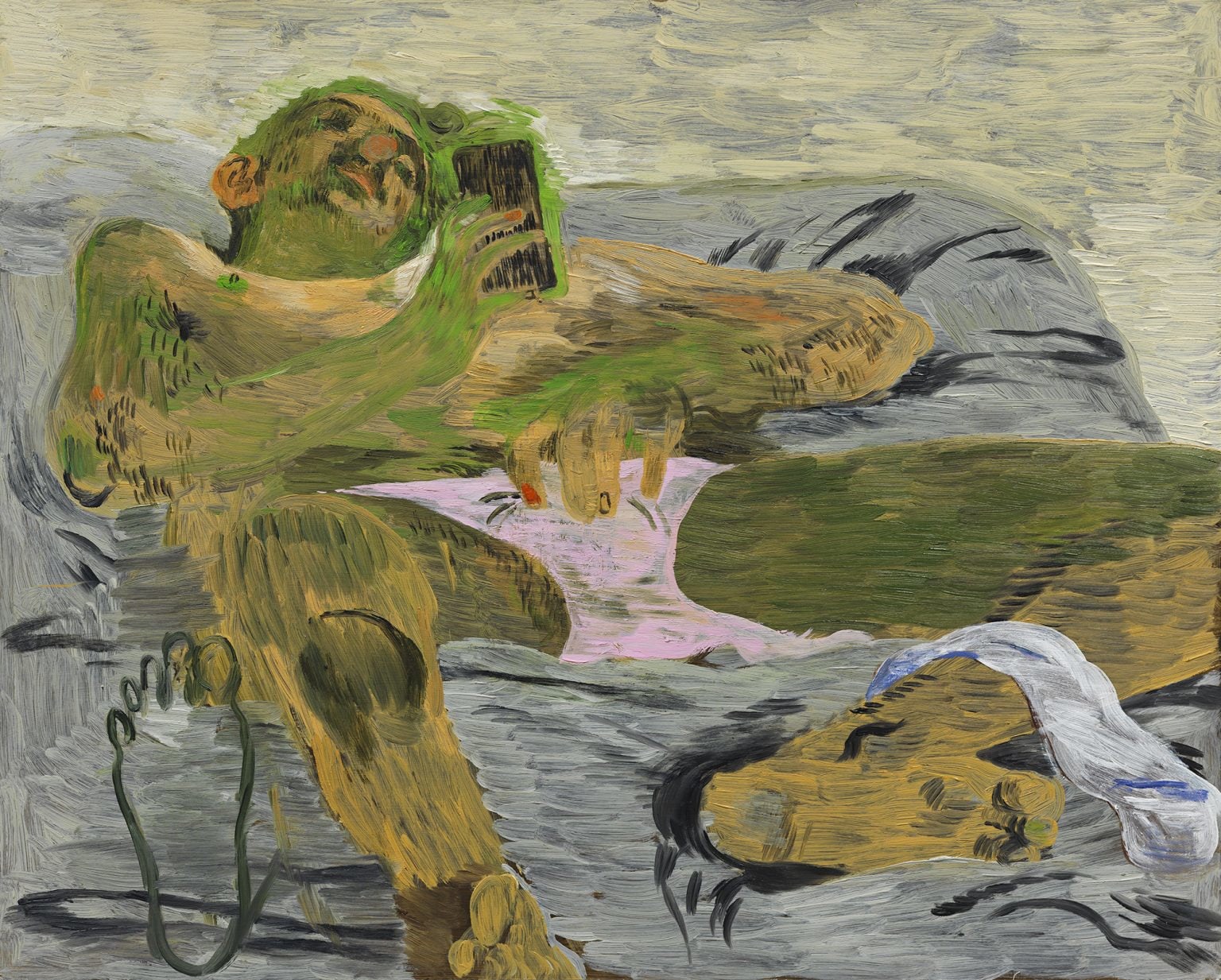 Painting of a young man in bed, in his underwear and looking at a phone