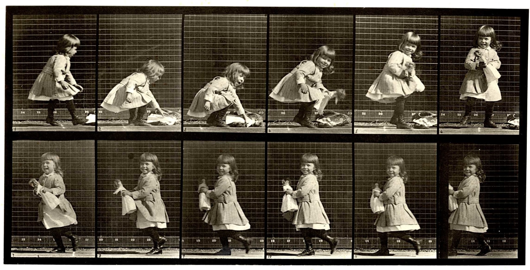 Sequence of black and white photos showing the movements of a young girl picking up a doll