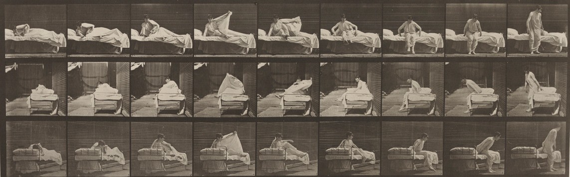 Sequence of black and white photos showing the movements of a woman getting out of bed