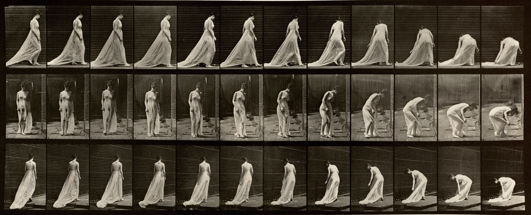 Sequence of black and white photos showing the movements of a 19th centory woman walking, and lifting up the train of her long dress