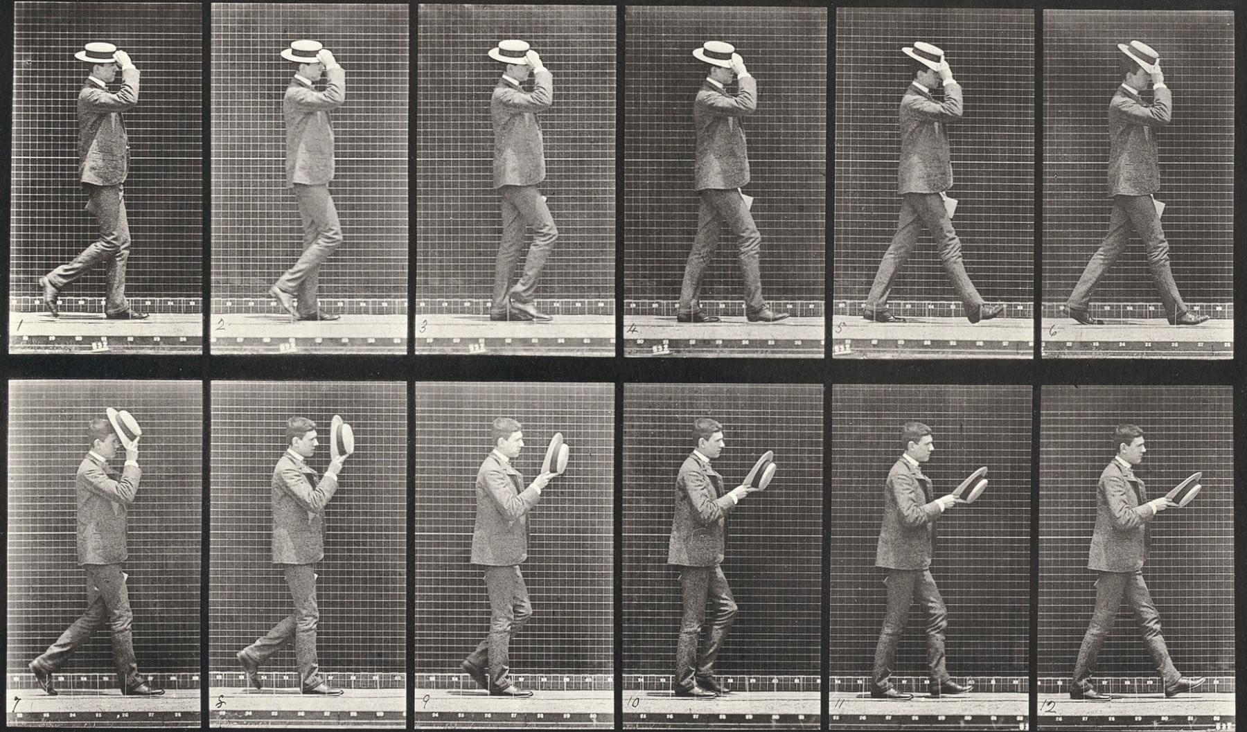Sequence of black and white photos showing a well dressed man walking and taking off his hat.