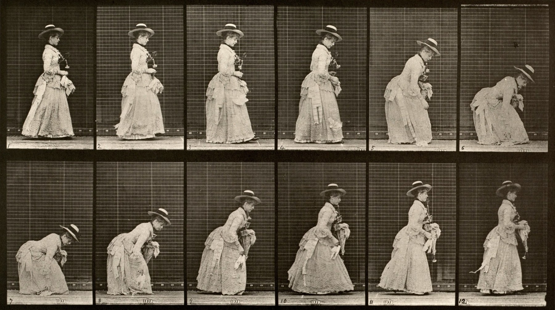 Series of black and white image of a woman in 19th century dress bending down to pick up her handkerchief