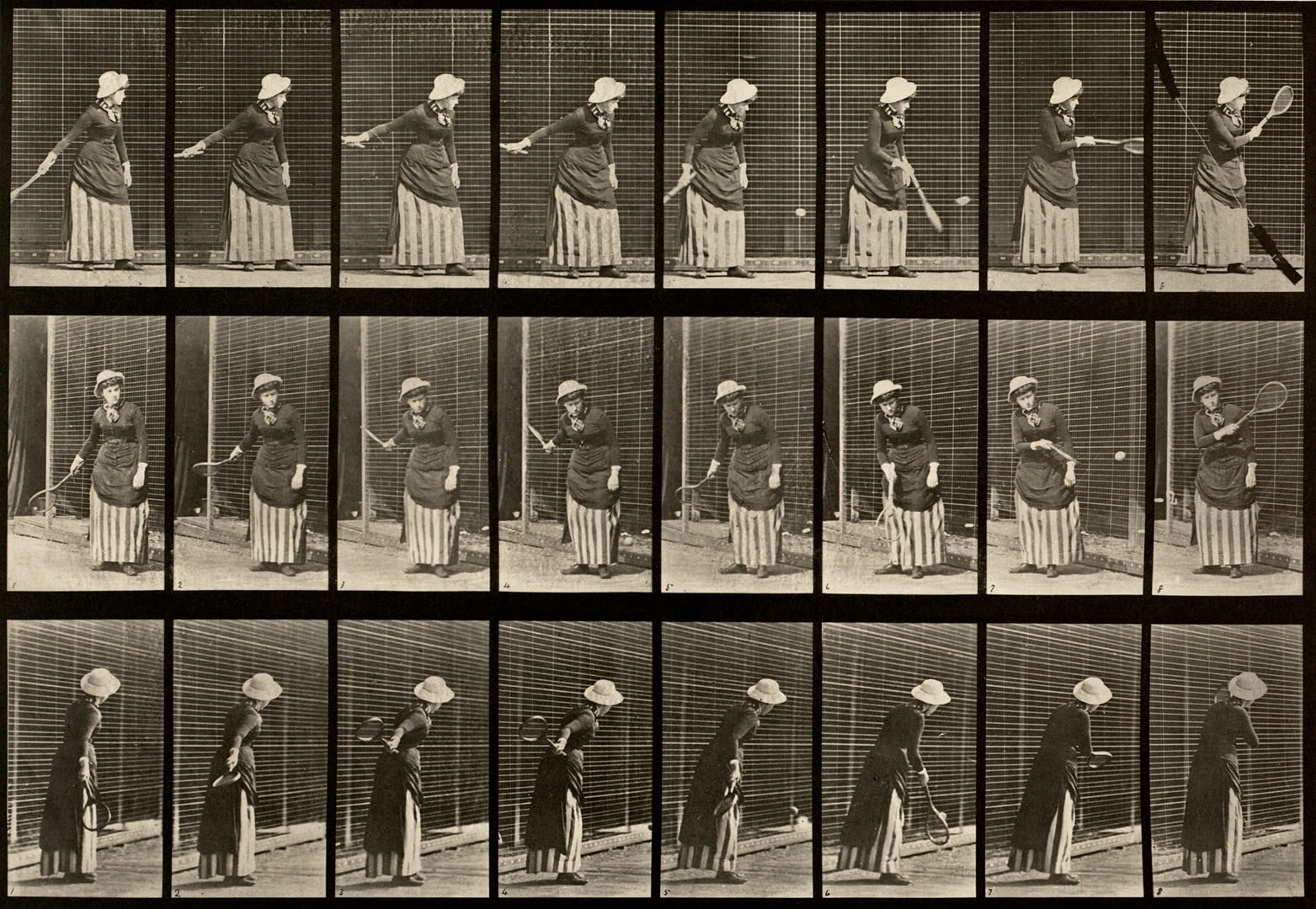 Sequence of black and white photos showing the movements of a woman serving in a lawn tennis game