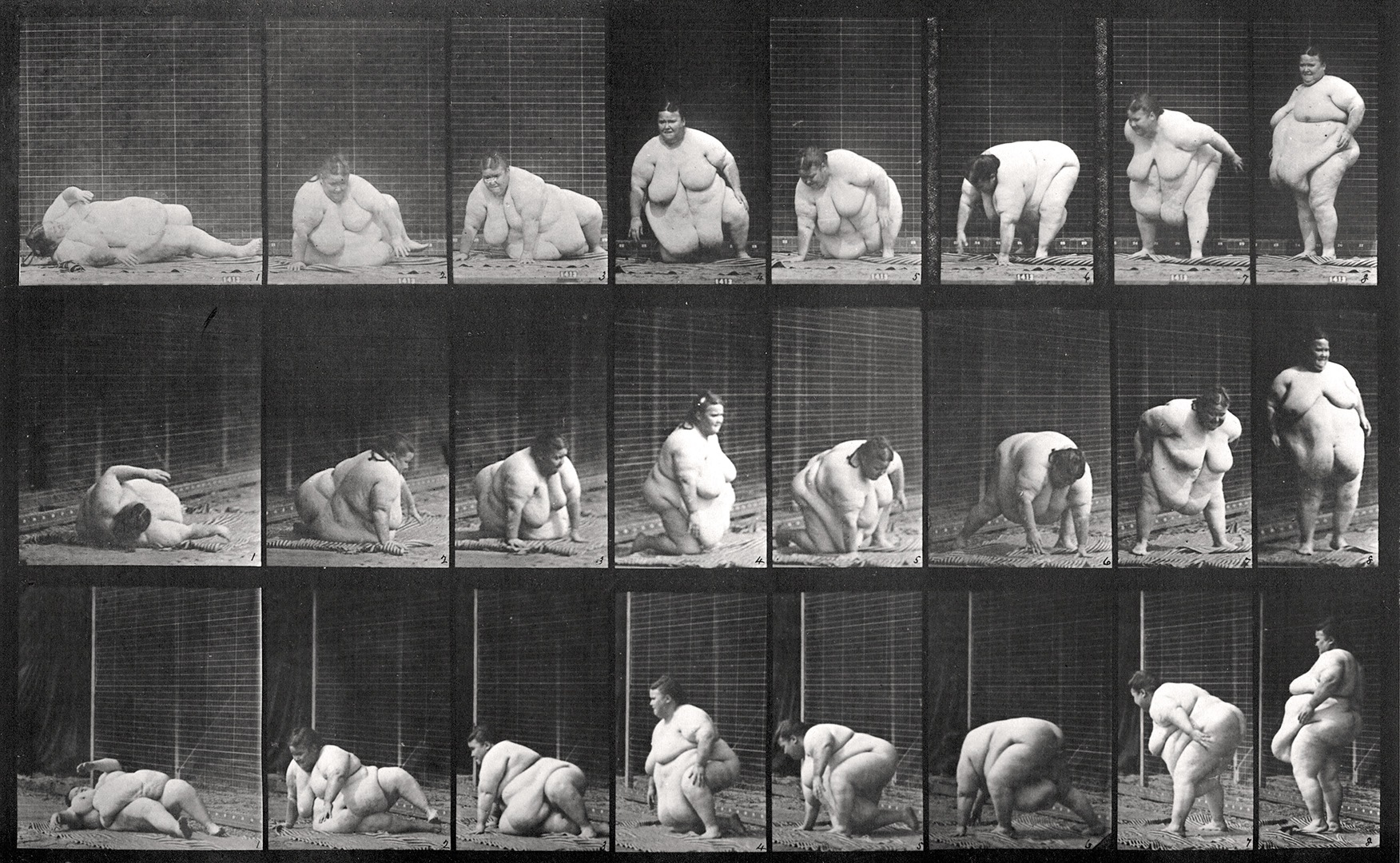 Sequence of black and white photos showing the movements of a nude obese woman rising from the ground