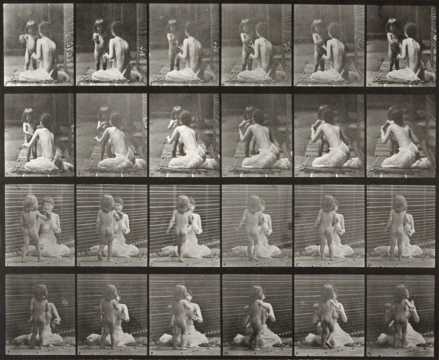 Sequence of black and white photos showing the movements of a young child giving a bouquet to a kneeling woman