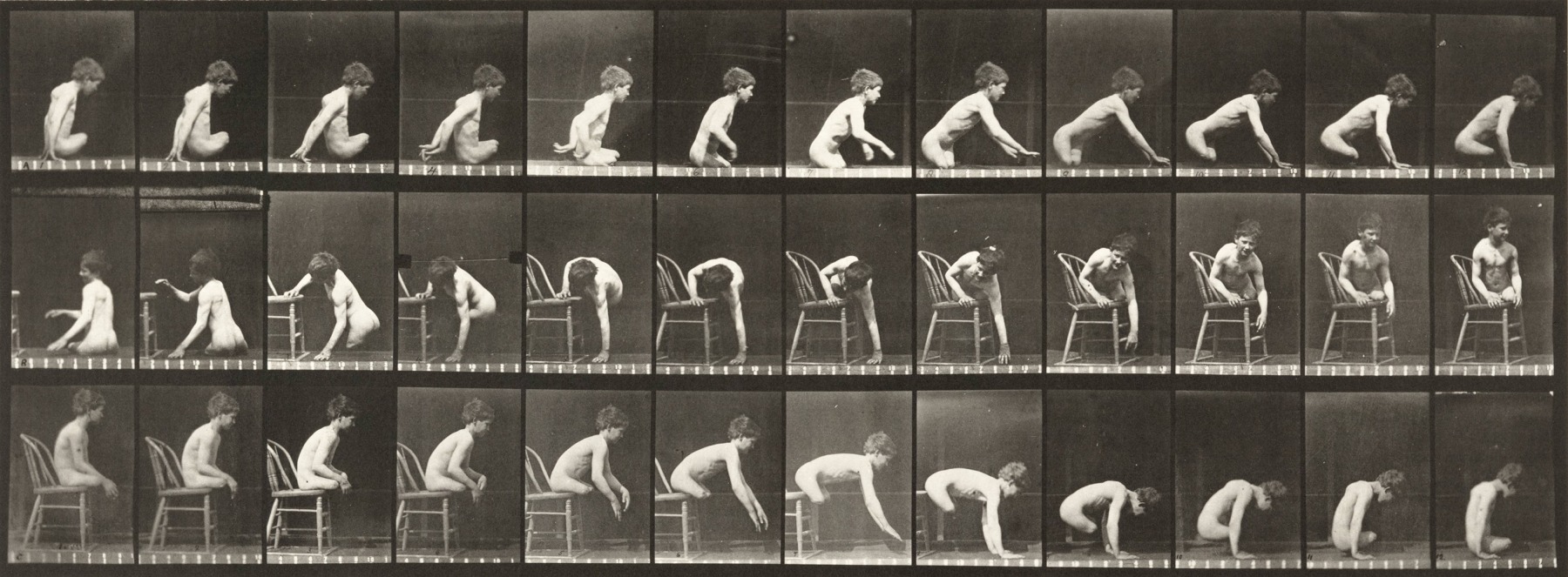 Sequence of black and white photos showing the movements of a boy with amputated legs getting of of a chair