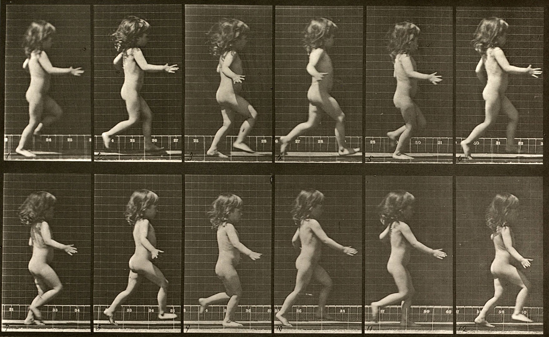 Sequence of black and white photos showing the movements of a running child