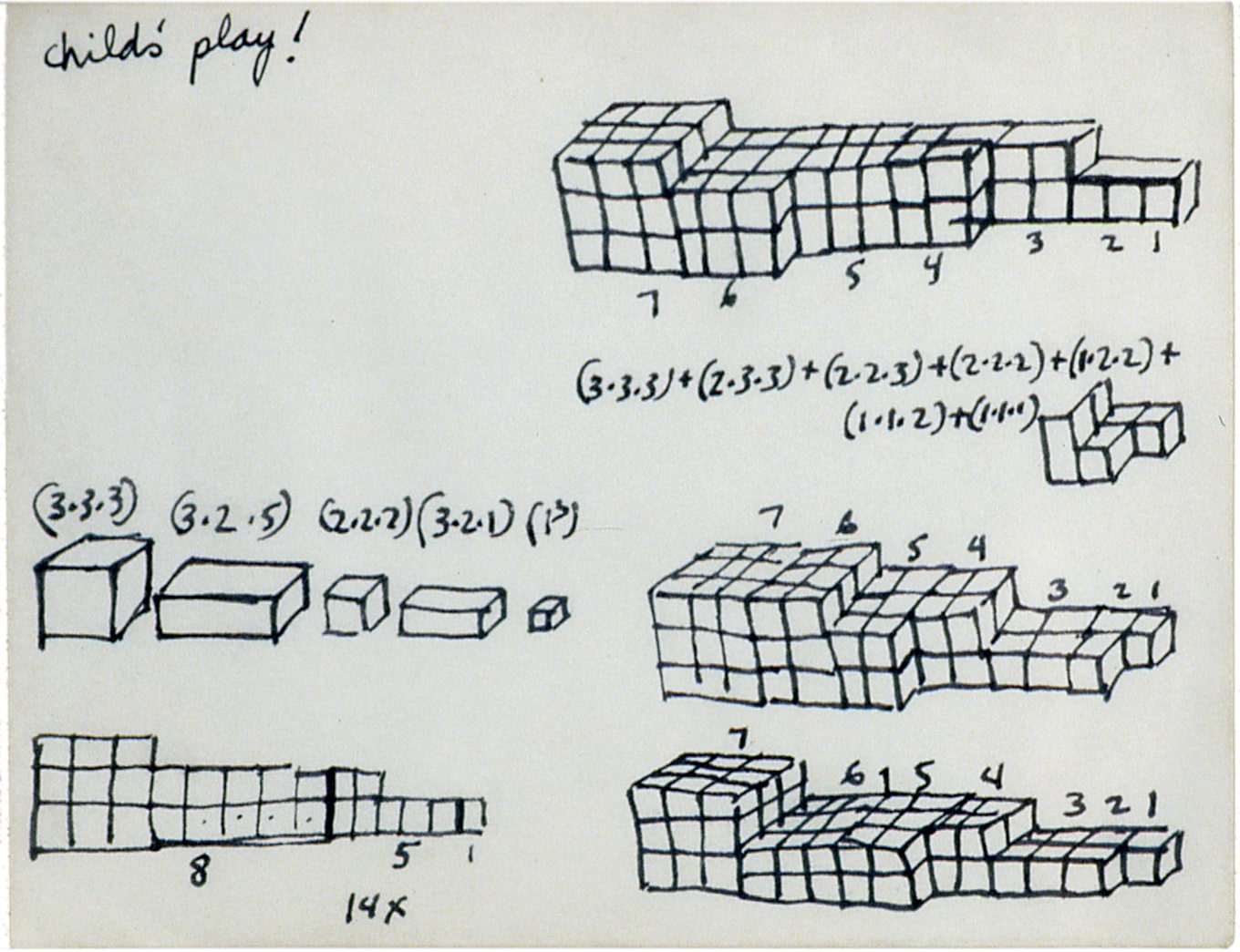 Mel Bochner,&nbsp;Untitled (&quot;Child&#039;s Play!&quot;: Study for 7-Part Progression), 1966. Ink on paper, 5 2/3 x 7 inches.