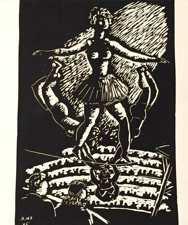 Wood block print of a woman in a tutu standing on a tightrope. Beneath her there are two audience members and in the background there are the outlines of a bigger audience as well. Behind her two people swing up in a symmetrical crescent shape holding onto what appears to be a small childlike figure.
