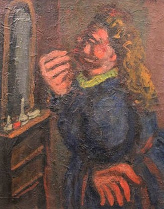 Painting of a woman standing on the right with her profile facing us, putting on lipstick while looking into a mirror. Her skin is painted in bright shades of salmon pink, her hair is curly, golden brown, and she wears a midnight blue dress with a neon yellow collar. The mirror is small and grey and sits on a thin, light brown dresser.